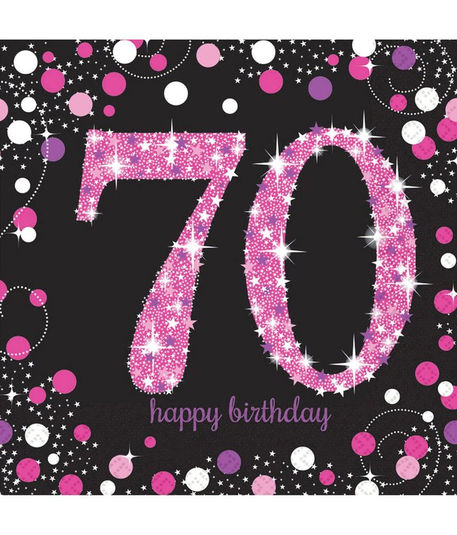 16 stk flotte 70 års fødselsdag servietter med pink og sølv motiv