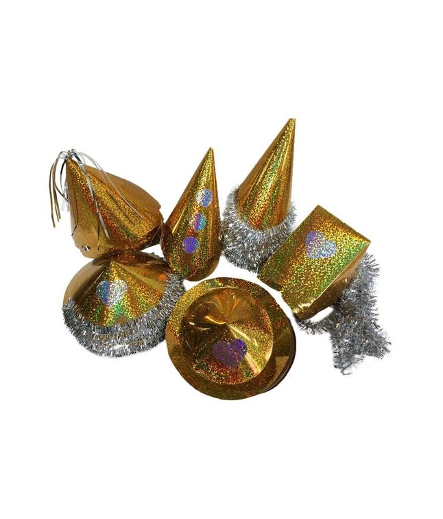 Stor pakke med 72 pap partyhatte i guld