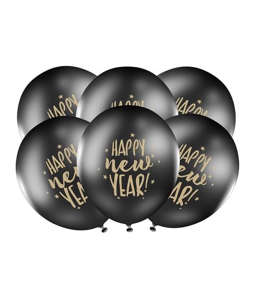 Sorte balloner med Happy New Year i guld med stjerner