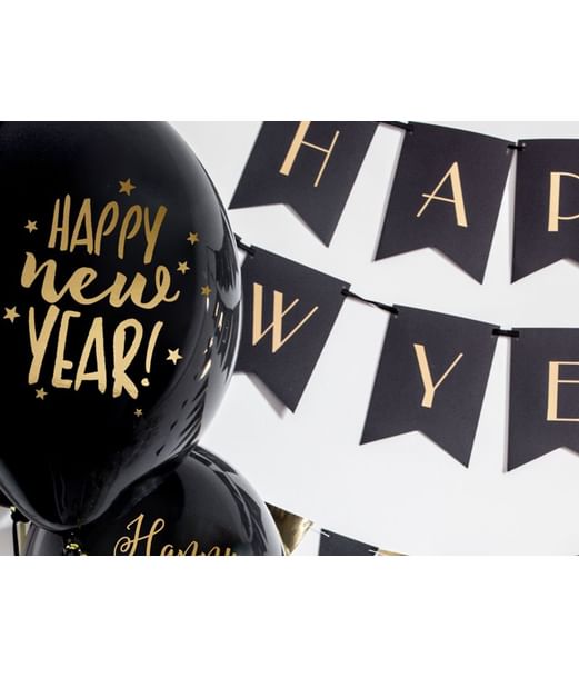 Sorte balloner med Happy New Year i guld med stjerner
