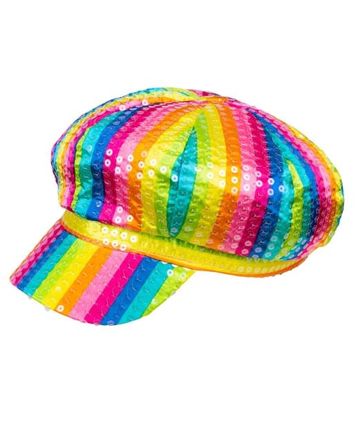 Flot regnbue stribet cap med pailletter.