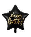 Flot sort stjerne folieballon med Happy Birthday guld skrift.