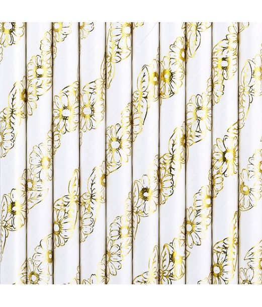 Flotte hvide papirsugerør med guld blomster.