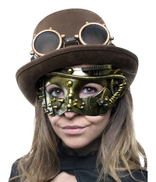 Steampunk halvmaske med tandhjul og slanger. 