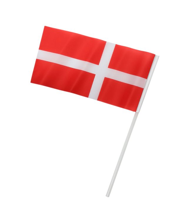 Flotte 6 stk danske stofflag på pind med guldfarvet knop.