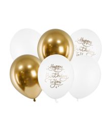 Ballongbukett Happy Birthday, guld och vitt