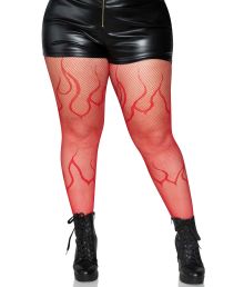 Röda flammiga fisknätstrumpbyxor, plus size