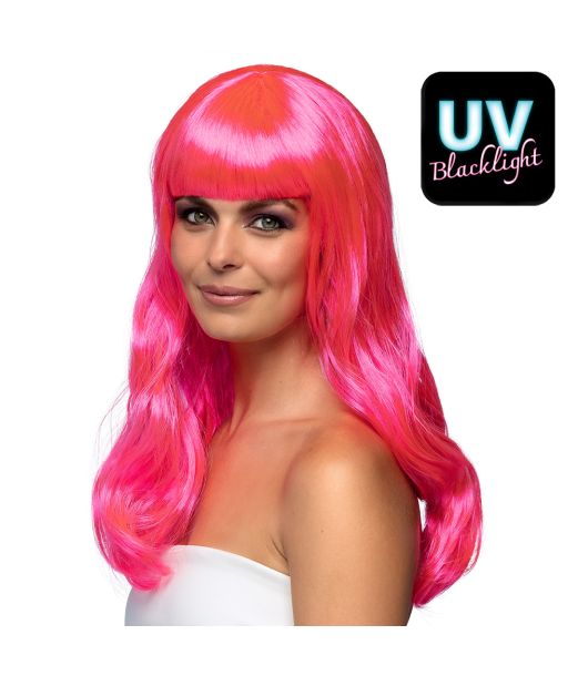 Flot hot pink paryk med langt hår.