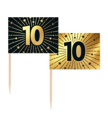 Guld/sort kageflag 10, 50 stk 