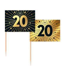 Guld/sort kageflag 20, 50 stk 