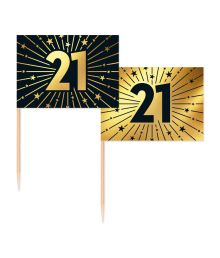 Guld/sort kageflag 21, 50 stk 