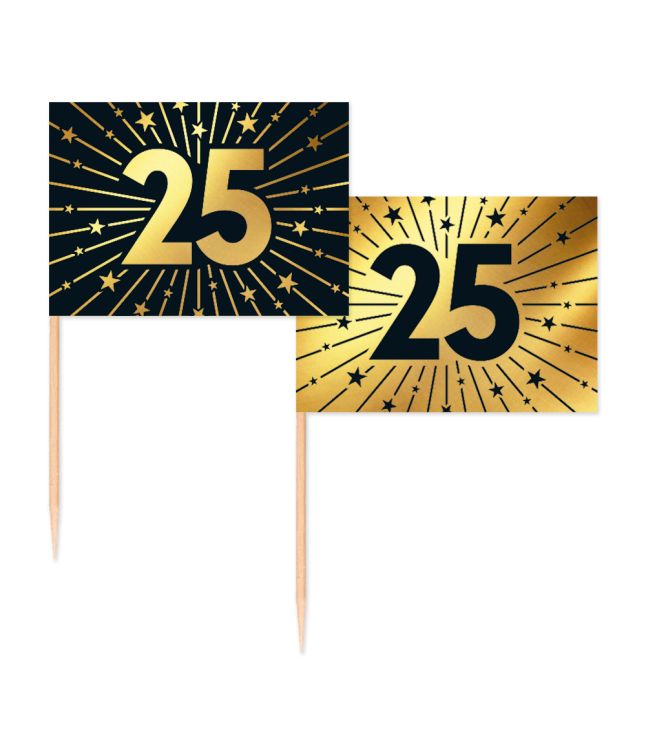 Guld/sort kageflag 25, 50 stk 