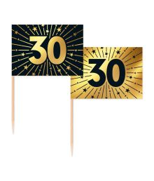 Guld/sort kageflag 30, 50 stk 