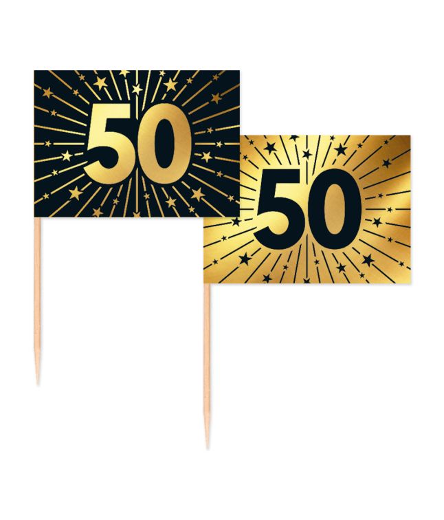 Guld/sort kageflag 50, 50 stk 