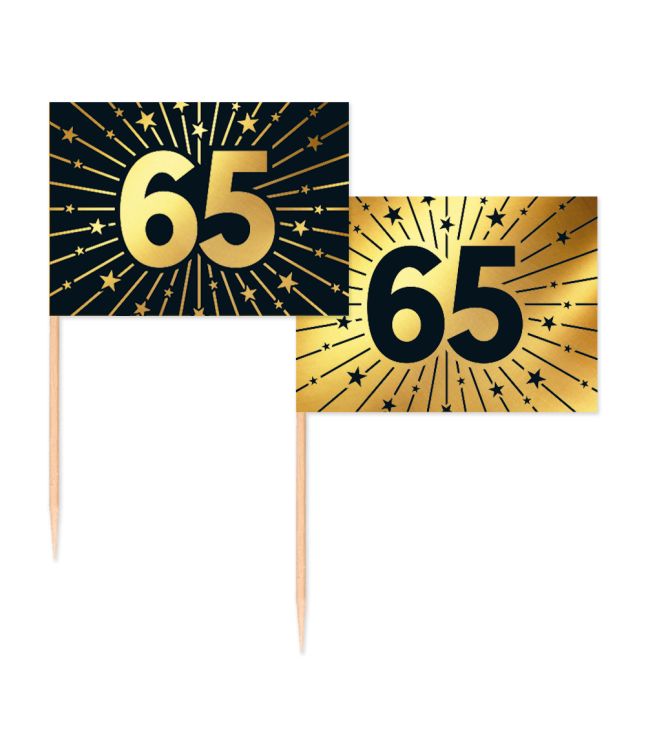 Guld/sort kageflag 65, 50 stk 