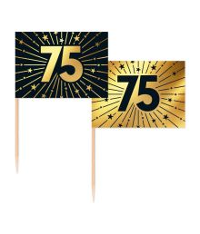 Guld/sort kageflag 75, 50 stk 