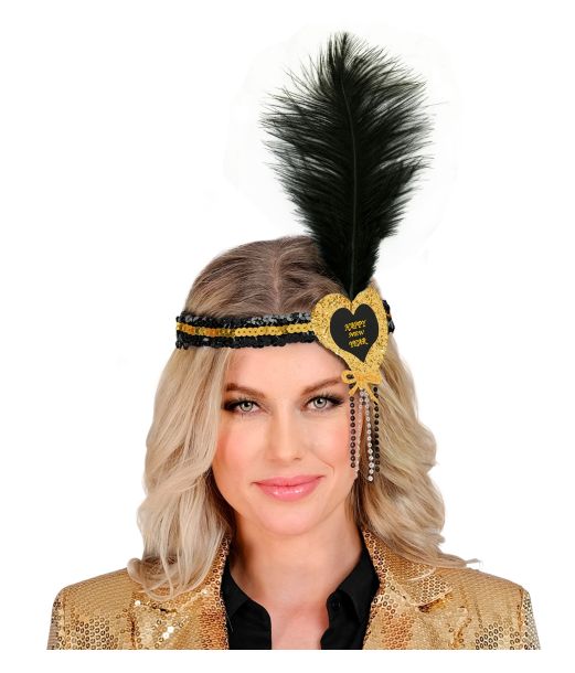 Sort/guld hårbånd med hjerte og fjer