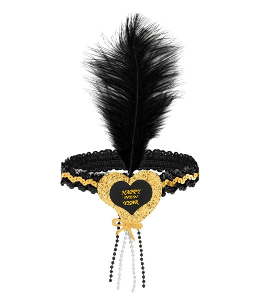 Sort/guld hårbånd med hjerte og fjer