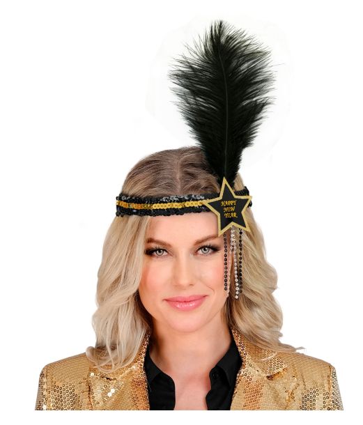 Sort/guld hårbånd med stjerne og fjer