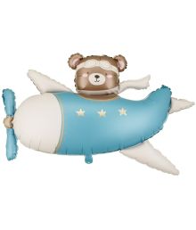 Björn i ljusblå folieballong med flygplan