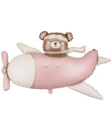 Björn i rosa folieballong med flygplan