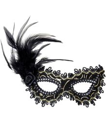 Svart halvmask med ros och fjädrar