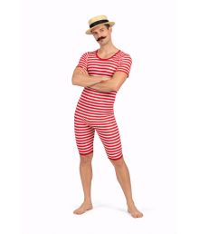 Rød og hvid gammeldags badedragt.