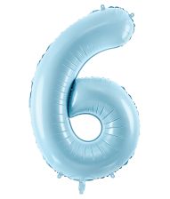 Ljusblå folieballong med siffror 6, 86 cm