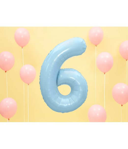 Ljusblå folieballong med siffror 6, 86 cm