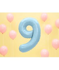 Ljusblå folieballong med siffror 9, 86 cm