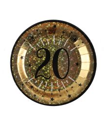 Guld glitter paptallerken 20 år ø22,5 cm