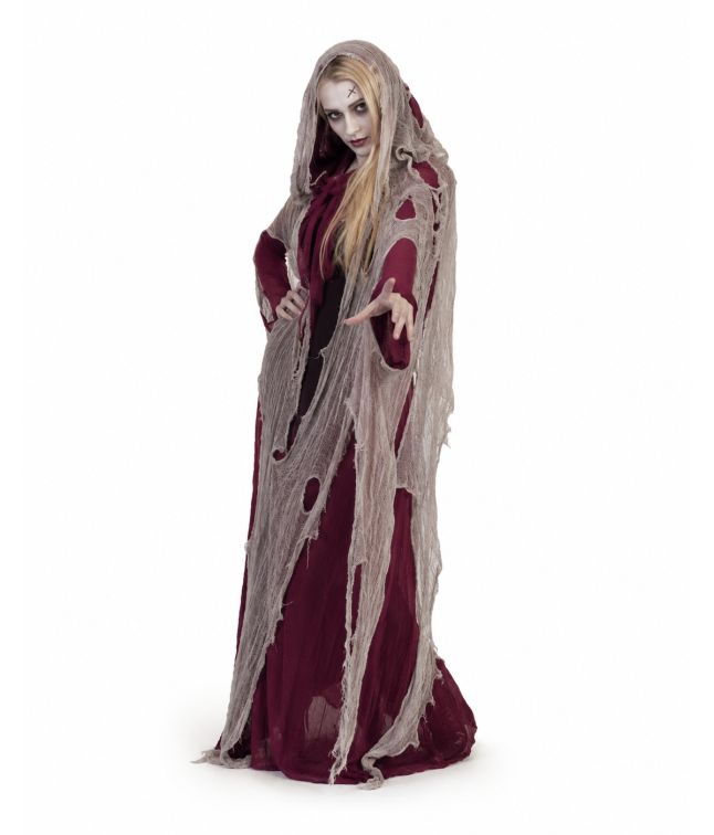Röd, trasig cape till halloweenutklädnaden.
